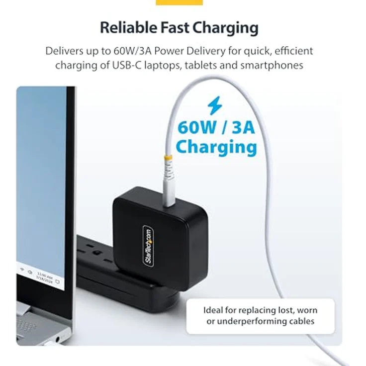 StarTech.com 30 cm USB-C Ladekabel, 60W (3A) PD, geflochtener Nylon-TPE Mantel, robustes USB 2.0 Schnellladekabel, Weiß – Bild 3