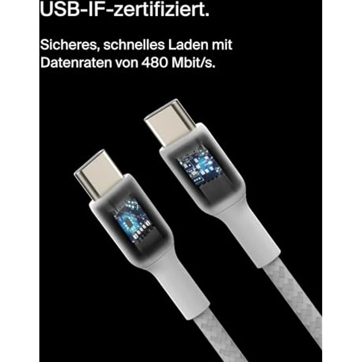 Belkin BoostCharge (2 m) geflochtenes USB-C auf USB-C Kabel für iPhone 16, Galaxy S24, Pixel 8/7, iPad Pro – Weiß, Schnellladefunktion bis zu 60 W, Hochgeschwindigkeits-Datentransfer bis zu 480 Mbit/s, Langlebigkeit mit über 30.000 Biegungen. – Bild 3