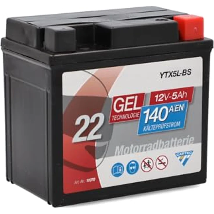 CARTEC YTX5L-BS Motorradbatterie, 5Ah, 140A, Gel-Technologie, wartungsfrei, zyklenfest, schwarz – Bild 1