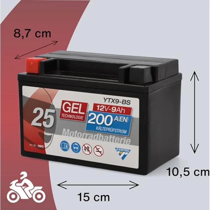 CARTEC YTX9 BS Geltechnologie Motorradbatterie, wartungsfrei, auslaufsicher, zyklenfest, 8 Ah, 135 A Kaltstartstrom – Bild 4