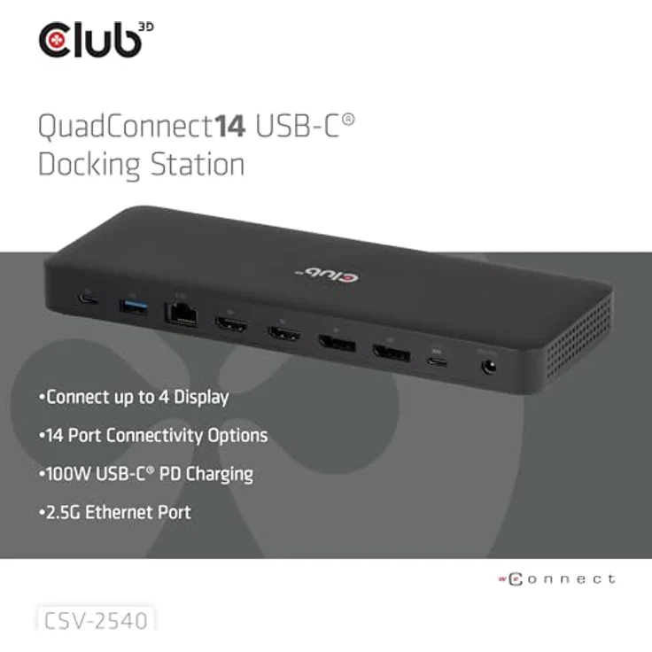 Club3D CSV-2540 14-1 USB-C® Quad-Display-Dockingstation, 4x 4K60Hz, 14 Ports, 2.5GBASE-T Gigabit Ethernet, Schwarz – Bild 3