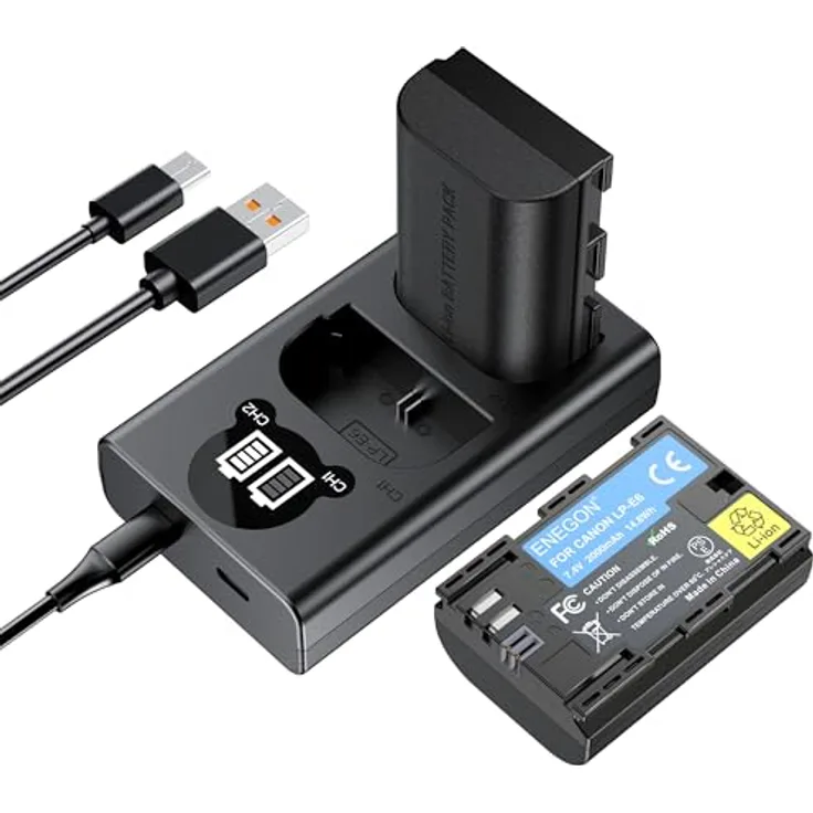 ENEGON LP-E6 Ersatzakku (2 Stück) und Smart LED Dual USB Ladegerät, 2000mAh Hochkapazität für Canon EOS 5D Mark II/III/IV, 6D, 7D und mehr