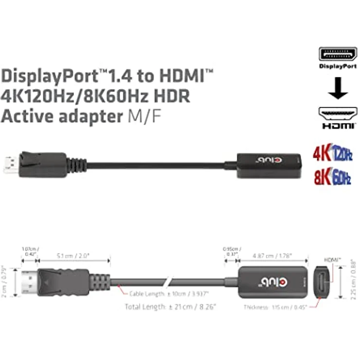 Club 3D DisplayPort™ 1.4 auf HDMI™ Aktiv-Adapter, 8K60Hz HDR, Unterstützung für DSC und LPCM Audio, Schwarz – Bild 4