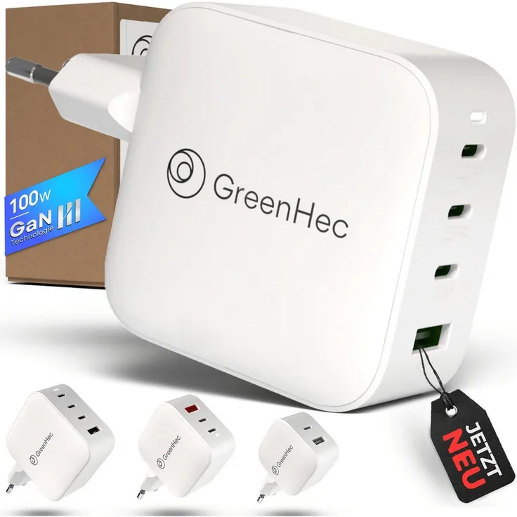 GreenHec USB C Ladegerät 100w - GaN III Labtop, Macbook Mehrfach Charger PPS Wireless Charger (5,00 mA, Packung, 4in1 Schnellladegerät für alle USB-C Laptops und Macbooks, 45w - 120w - 20V)