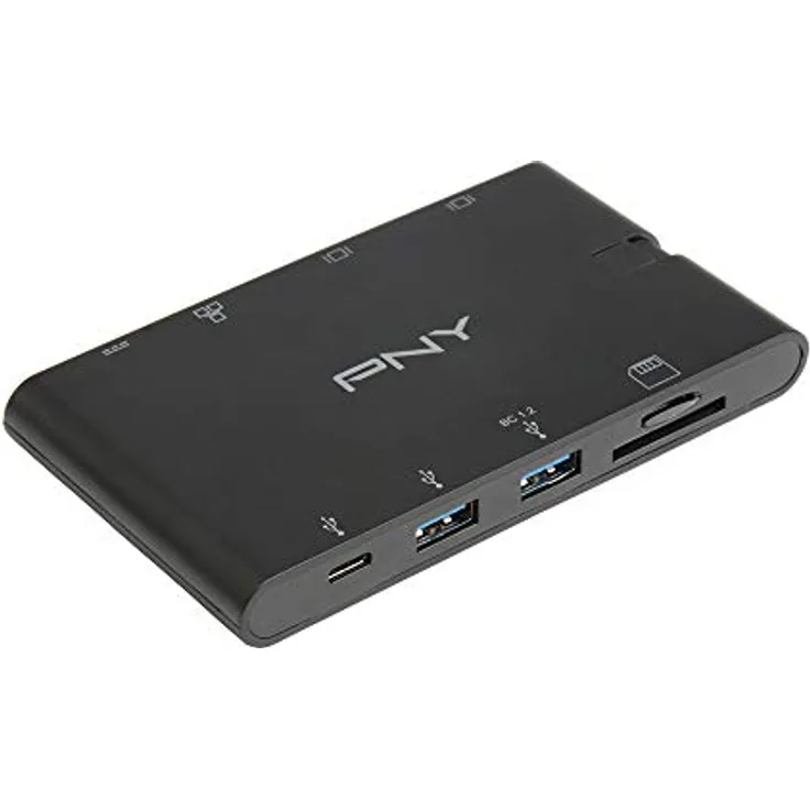PNY All-In-One USB-C Mini Docking Station mit integriertem USB-C-Kabel mit 2xUSB-C, 2xUSB-A 3.1, 1xHDMI, 1xVGA, 1xRJ45, 1x SD und microSD-Anschlüssen, Schwarz, A-2UF-2TC-K01-RB