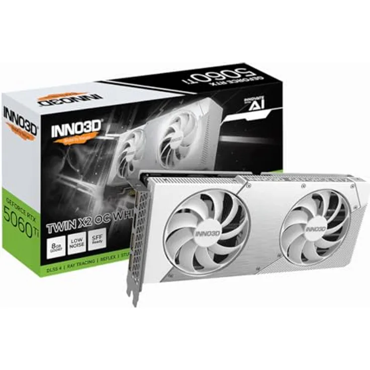 Inno3D GeForce® RTX 5060 TI 8GB Twin X2 OC WHITE, Next-Gen-Grafikkarte mit GDDR7, 8192 x 4320 Pixel Auflösung und effizienter Kühlung