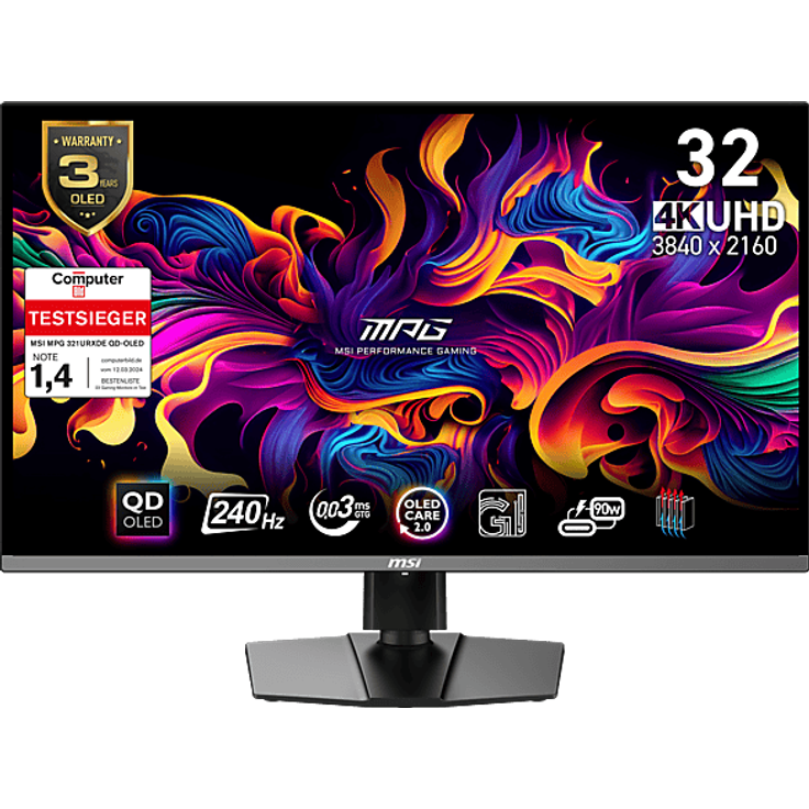 MSI MPG 321URXDE QD-OLED, 31,5 Zoll UHD 4K Gaming Monitor mit 1 ms Reaktionszeit und 240 Hz Bildwiederholfrequenz