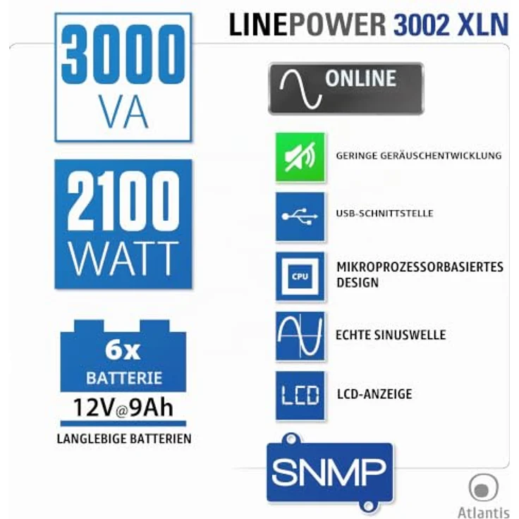 Atlantis A03-OP3002XLN, USV mit 3000 VA, 2100 W, Online-Doppelwandler, reine Sinuswelle, Tower-Ausführung, 4 IEC-Steckdosen, USB, RS232, 12 V – 9 Ah, extrem leise mit 31,3 dBA – Bild 9