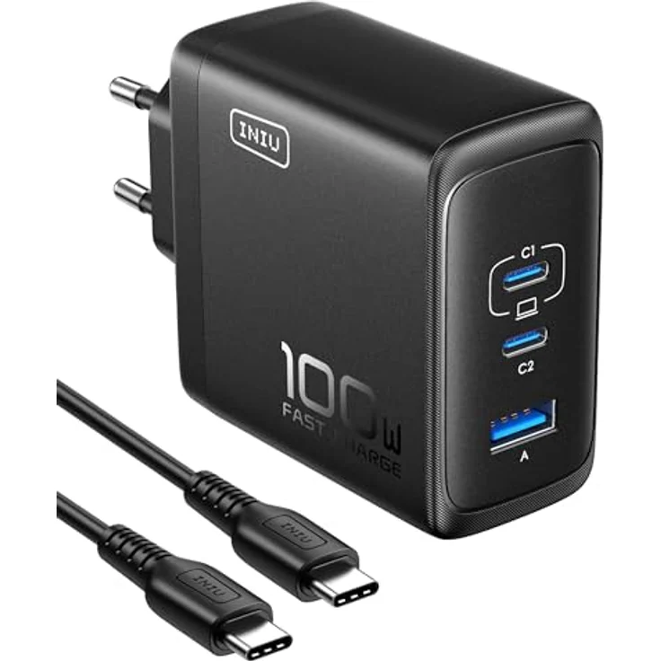 INIU 100W USB C SchnellLadegerät (GaN Ⅲ) 3 Ports Laptop Netzteil PD PPS Fast Charger für MacBook iPad Pro/Air, iPhone 15 14 Pro Max, Samsung S24/23 Ultra - Kompakt & Platzsparend – Bild 1