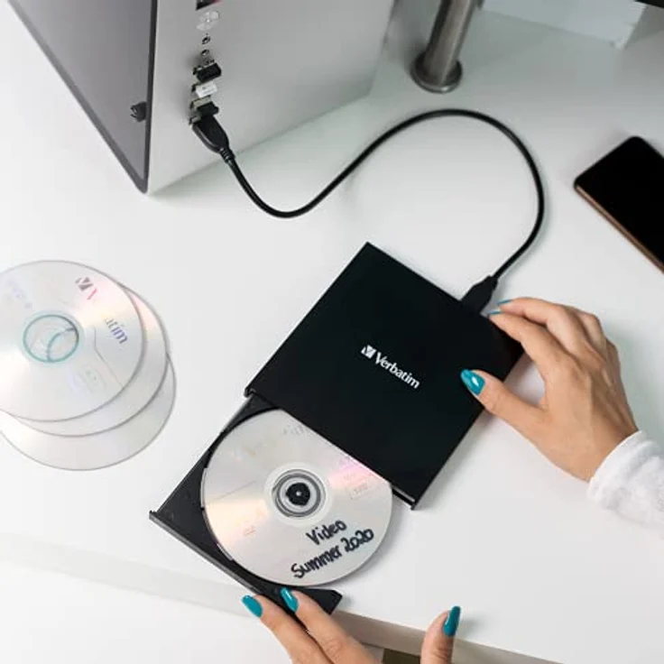 Verbatim External Slimline CD/DVD Writer, USB 3.2 Gen1 mit USB-C Anschluss inkl. USB-C auf USB-A-Kabel, kompaktes Design, Externer DVD-Brenner, Externes CD-Laufwerk, Schlankes Design – Bild 3