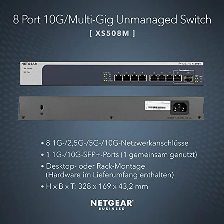 Netgear XS508M 8-Port 10G Multi-Gigabit Ethernet LAN Switch Unmanaged (mit 1x 10G SFP+, Desktop- oder Rack-Montage mit ProSAFE Lifetime-) schwarz, grau – Bild 2