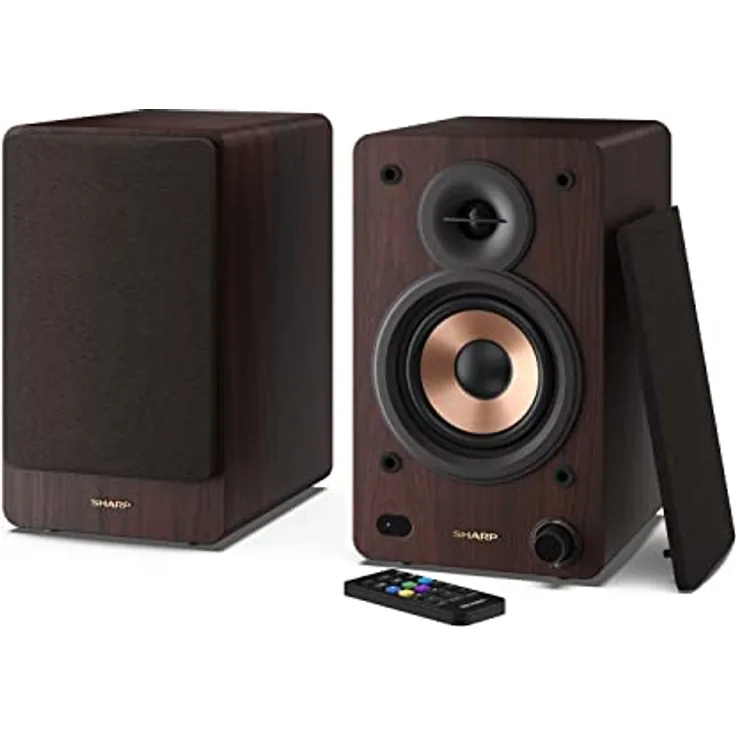 SHARP CP-SS30 2-Wege-Lautsprecher aktiv, 60 Watt (2x30 W) Holzgehäuse (Bluetooth 5.0, USB, Optisch, AUX, Cinch), Bass- und Höheneinstellung, abnehmbare Gitter, Fernbedienung, braun