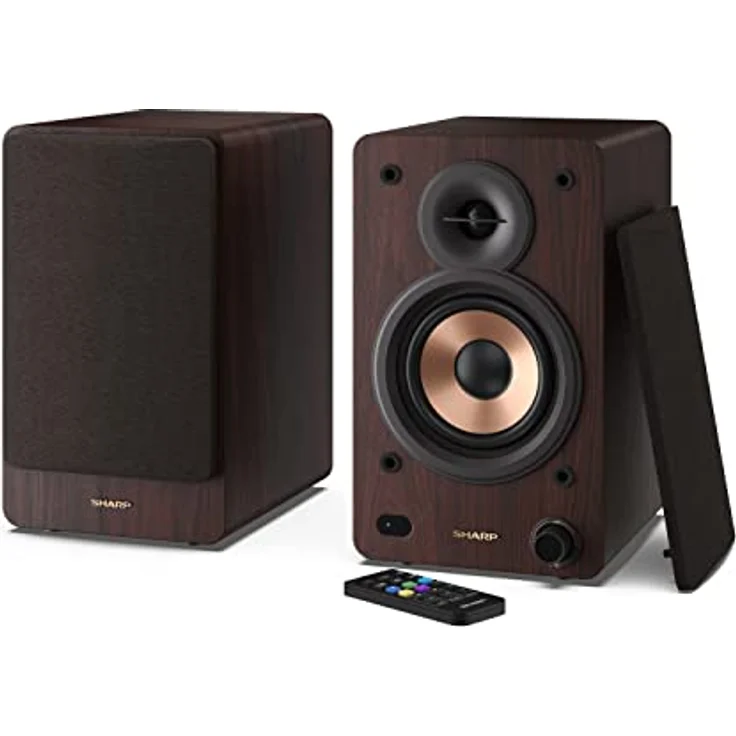 SHARP CP-SS30 2-Wege-Lautsprecher aktiv, 60 Watt (2x30 W) Holzgehäuse (Bluetooth 5.0, USB, Optisch, AUX, Cinch), Bass- und Höheneinstellung, abnehmbare Gitter, Fernbedienung, braun – Bild 1