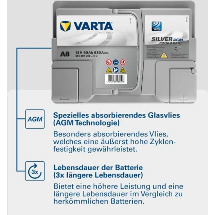 VARTA A8 Silver Dynamic AGM, 12V 60Ah 680A Autobatterie für Start-Stop-Systeme, auslaufsicher und rüttelfest – Bild 6
