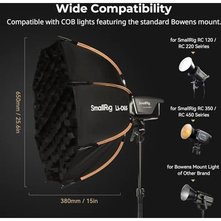 SMALLRIG LA-O65 Achteckige Softbox, 65 cm/25,6 Zoll Schnellverschluss-Softbox mit Tragetasche, für COB-Leuchten mit Bowens-Mount, Industriequalität, leichte Aluminiumkonstruktion – Schwarz – Bild 2