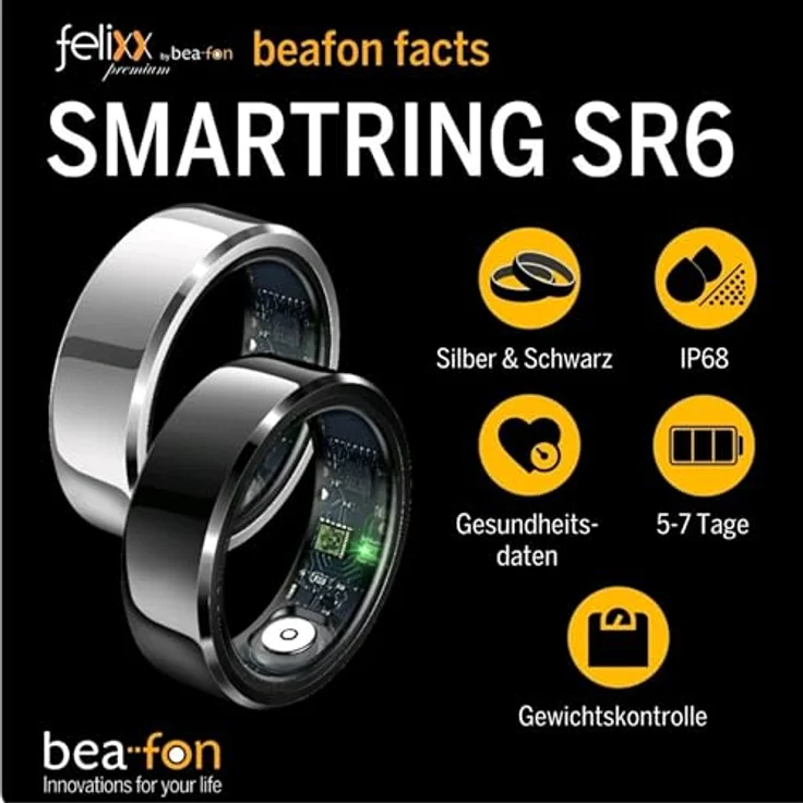 Beafon Smart Ring SR6, Fitnesstracker mit Bluetooth 5.1, Edelstahl, Größe 11, Silber – Bild 6