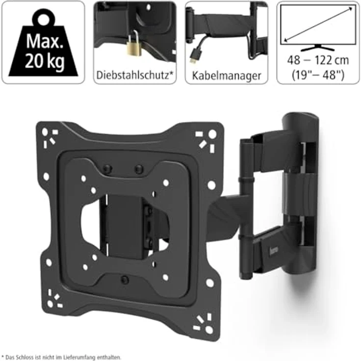 Hama TV-Wandhalterung, schwenkbar, neigbar, Diebstahlschutz, 122 cm (48"), 25 kg, Schwarz – Bild 2