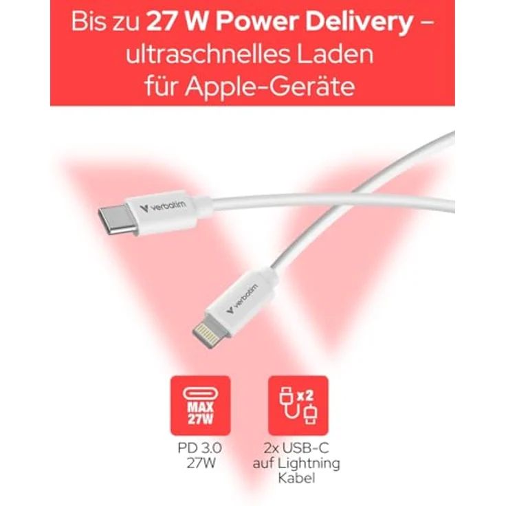 Verbatim 32392 Essentials Sync & Charge Kabel, 1 m, USB-C auf Lightning, 2er-Pack in Schwarz und Weiß, bis zu 27 Watt Ladeleistung, 480 Mbit/s Datenübertragung – Bild 2