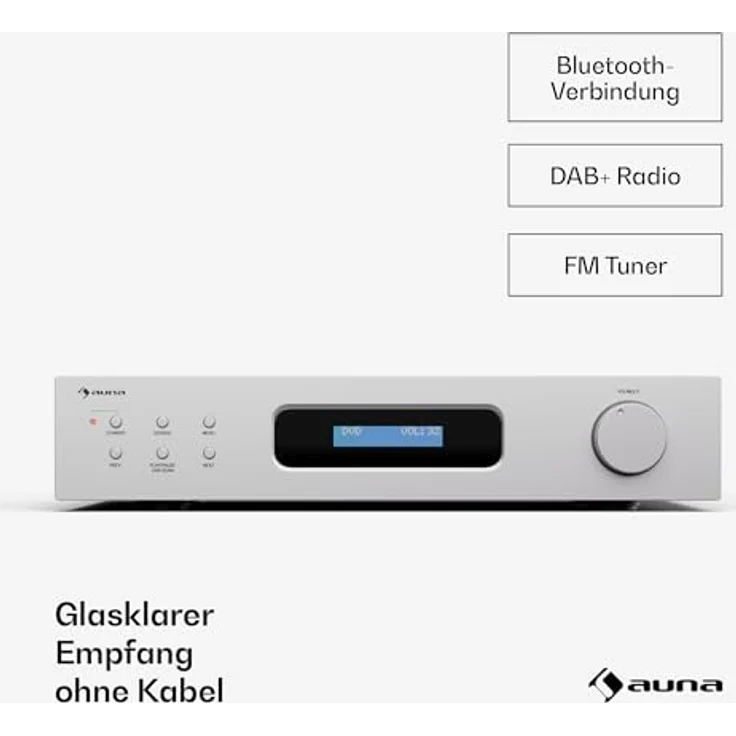 Auna Art22 Verstärker HiFi Stereo, 2x60 W, Bluetooth, DAB+ Radio, FM-Tuner, CD/DVD-Wiedergabe, optische & koaxiale Eingänge, Fernbedienung, kompaktes Design, Weiß-Silber – Bild 4