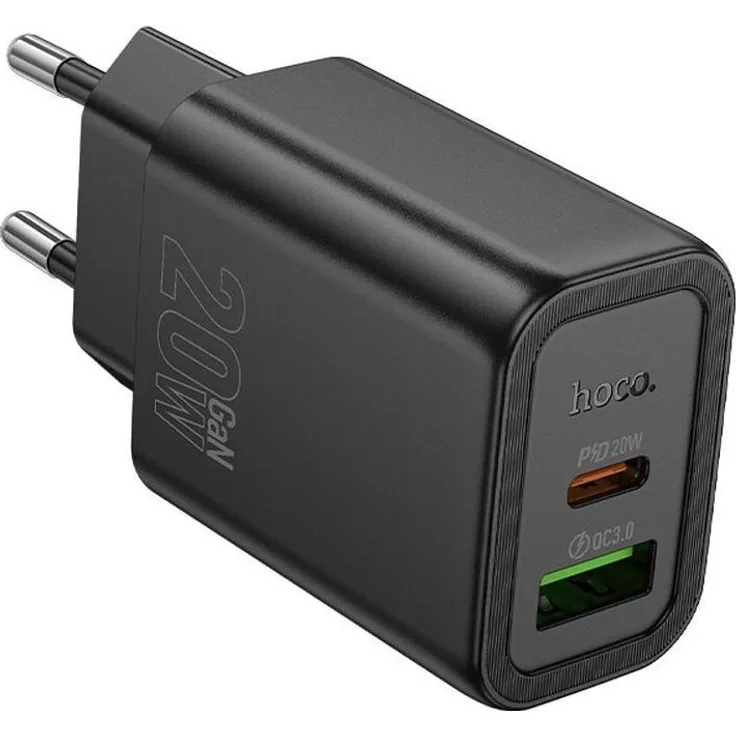 Hoco N61 Ladegerät 20W USB-C/A, Schnellladegerät mit Doppelausgang, Schwarz