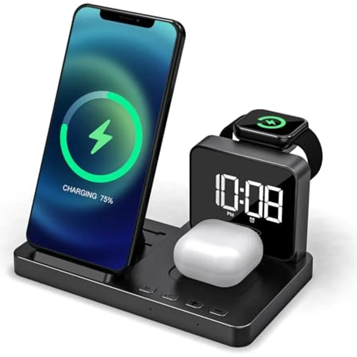 Reflexion ACW2190 Wecker Ladestation, 4 in 1 Wireless Charger für Smartphone, Smartwatch + Kopfhörer, USB-C, schwarz – Bild 1