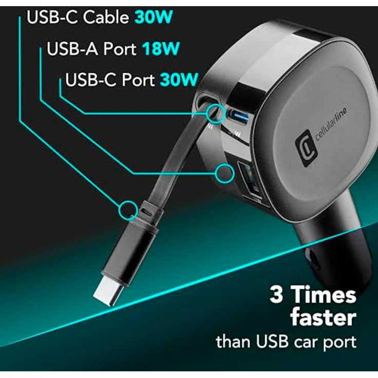 Cellular Line Retractable Car Charger 60W, Autoladegerät mit einziehbarem Kabel, Versandkostenfrei – Bild 3