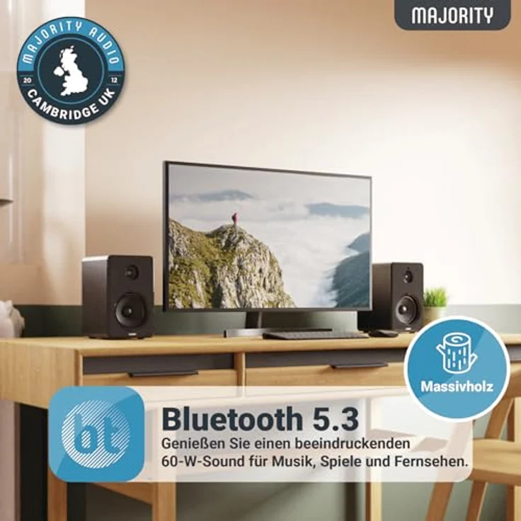 MAJORITY D40 Bluetooth Lautsprecher Boxen | 60W 2.0 Aktivlautsprecher | Studio Monitor mit 4"-Treiber | Regallautsprecher für HiFi Stereo in Holzoptik | Optischer, RCA-, USB- und AUX-Eingang | Fernbedienung – Bild 2