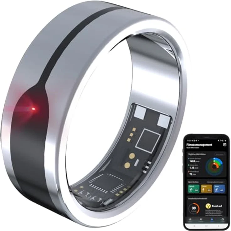 Newgen Medicals Ring Schlafüberwachung, Fitnesstracker-Ring mit Herzfrequenz- & SpO2-Anzeige, 2 mm, Silber, Gr.65, wasserdicht bis 5 ATM, Touch-Funktion, SOS-Alarm – Bild 1