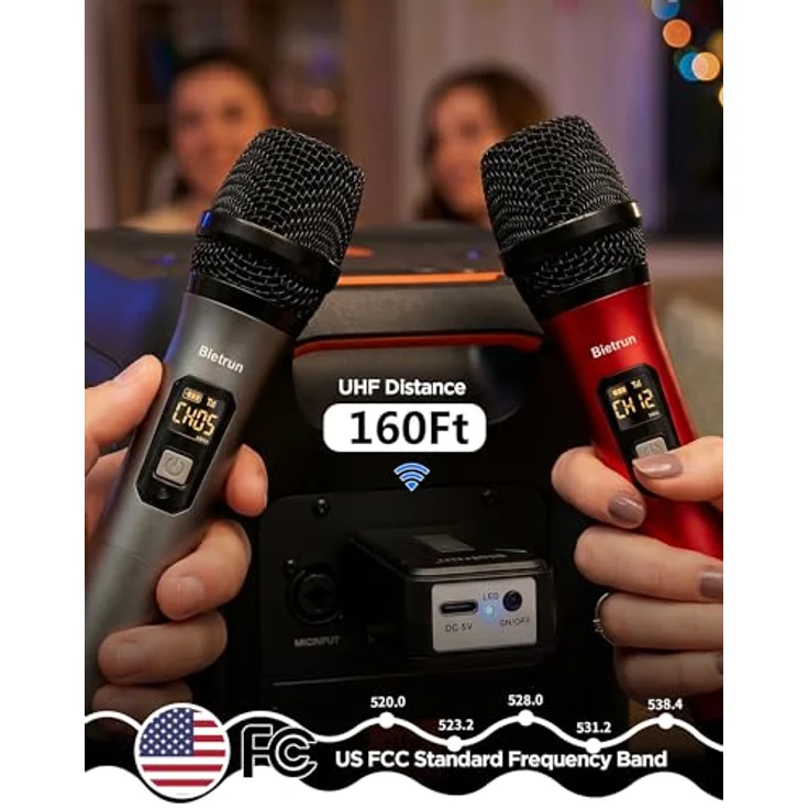 Bietrun Kabelloses UHF-Metall-Dual-Handmikrofon-Set, professionelles dynamisches Mikrofonsystem mit wiederaufladbarem Empfänger und 1/4-Zoll-Ausgang, Plug-and-Play, 50m Reichweite, unidirektional – Bild 2