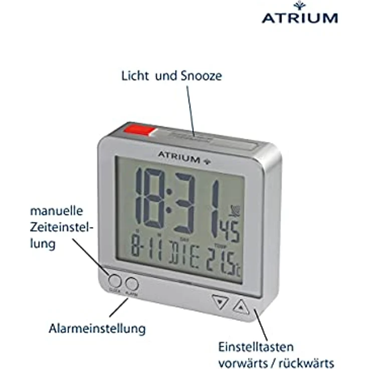 Atrium digitaler Funk-Wecker LCD sensorgesteuerte Nachtlicht-Funktion Schlummer-Funktion Obenabsteller Reise-Wecker Silber/rot A740-19 – Bild 2