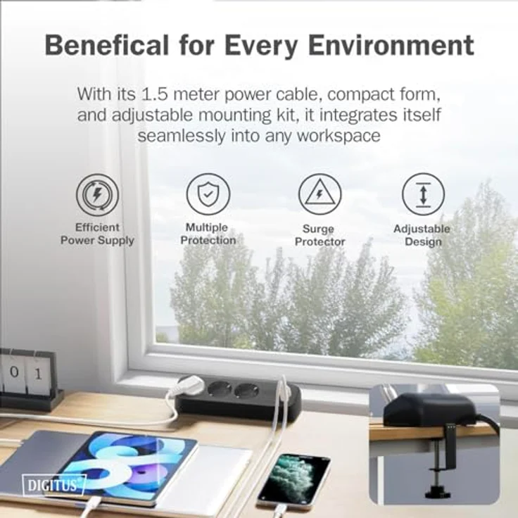 Digitus 3-fach Office-Steckdosenleiste mit 2x USB-A und 1x USB-C, Schwarz, 1.50 m, CEE 7/3, erhöhte Sicherheit – Bild 4