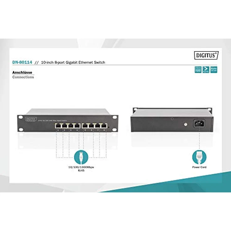 DIGITUS Gigabit Ethernet Netzwerk-Switch - 10 Zoll - 8 Ports - Unmanaged - Backplane 16 Gbps - Auto MDI-MDI-X - Schwarz – Bild 4