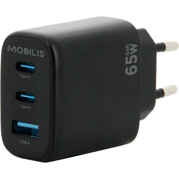 Mobilis Wall Charger 65W, USB Ladegerät mit 2 USB-C und 1 USB-A Anschluss, GaN Technologie, Schwarz