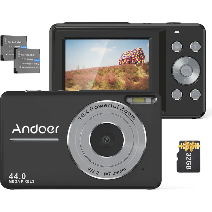 Andoer Tragbare 1080P-Digitalkamera, Video-Camcorder mit 44 MP, 16-fachem Digitalzoom und 2,5 Zoll IPS-Bildschirm, Schwarz, inkl. 32 GB Speicherkarte und 2 Akkus, Weihnachtsgeschenk für Kinder und Teenager