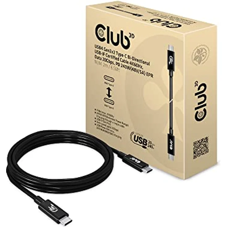 Club 3D USB4 Gen2x2 Typ-C Bi-Direktionales USB-IF Zertifiziertes Kabel 4K60Hz, Daten 20Gbps, PD 240W EPR St./St. 2m – Bild 1