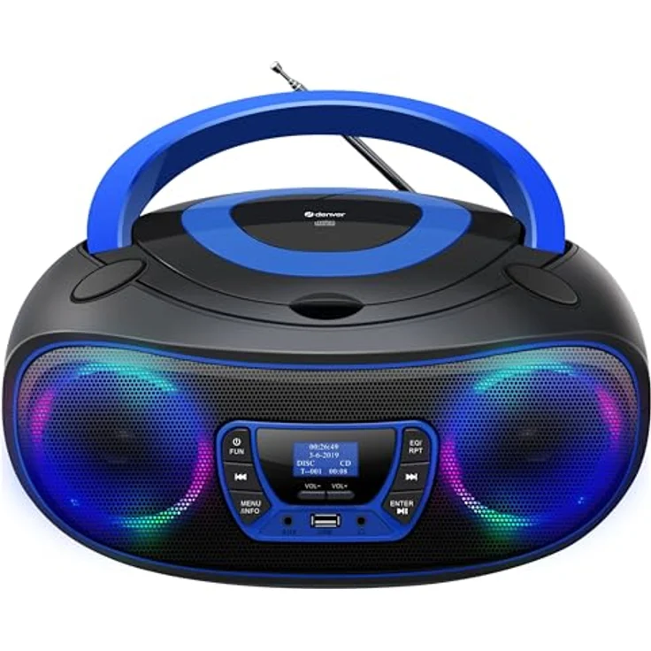 Denver TDB-212 DAB+ Boombox | Retro-Design mit Bluetooth, USB, CD-Player und AUX-Anschluss | Digitalradio DAB+/FM mit LCD-Display und MP3-Wiedergabe | Lichteffekten (Blau) – Bild 1