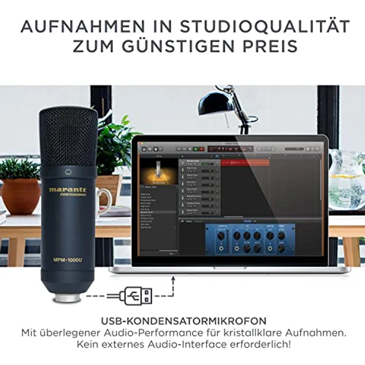 Marantz Professional MPM-1000U - Großmembran USB Kondensator Mikrofon mit Nierencharakteristik für Podcast, Studio, Gaming mit USB-Kabel und Mic Clip – Bild 2