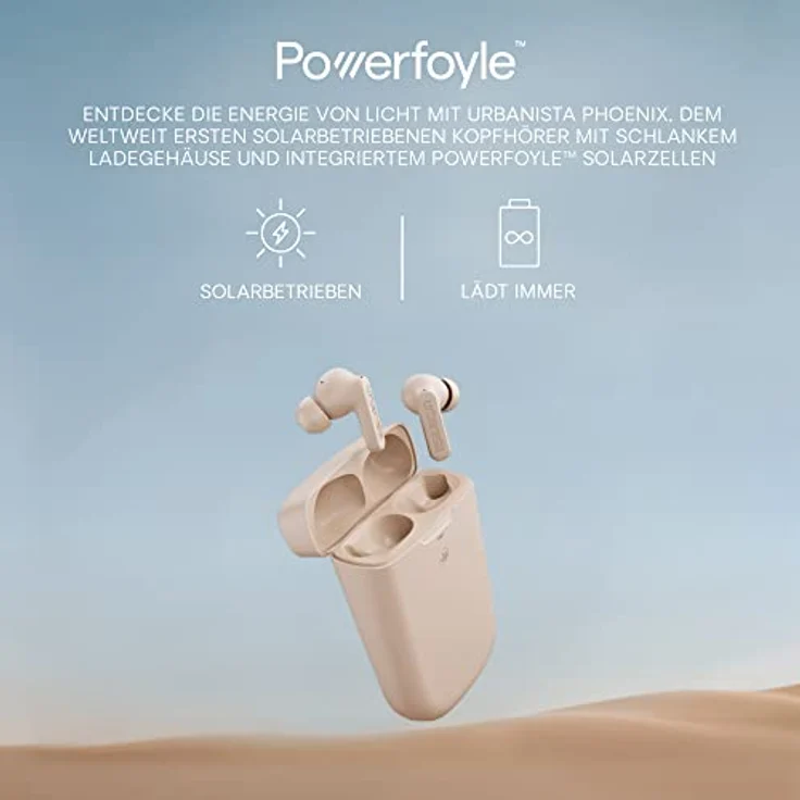Urbanista Phoenix Solar Powered In Ear Bluetooth Kopfhörer Noise Cancelling, Hybrid ANC, Unendliche Spielzeit, Multipoint Earbuds, Ladecase kabellos und selbstaufladend mit Licht, Wüstenrose – Bild 2