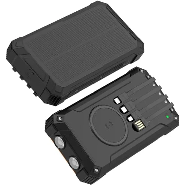 Denver PSC-20012 Powerbank 20.000 mAh, mit 4 integrierten Kabeln, kabellosem Laden, Solarpanel und LED-Taschenlampe, Schwarz – Bild 3