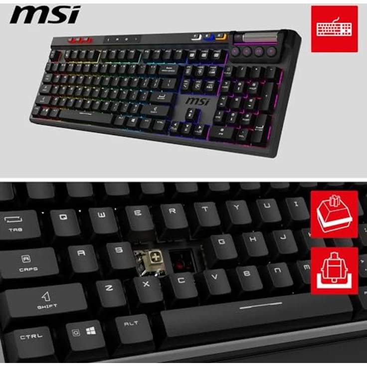 MSI Strike PRO Wireless, Leise mechanische Gaming-Tastatur mit Kailh Midnight Pro Silent Tactile-Schaltern, PBT-Tastenkappen, RGB Mystic Light, 4200-mAh-Akku, US-Layout, volle Größe – Bild 2
