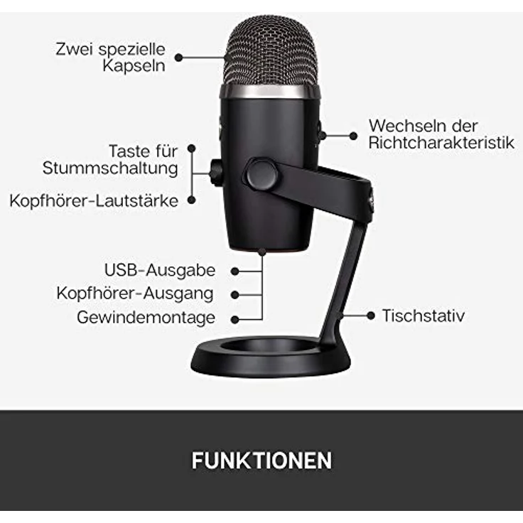 Blue Yeti NANO USB-Mikrofon für Aufnahme und Streaming auf PC und Mac, verstellbares Stativ, Plug und Play - Schwarz - Preisvergleich – Bild 6