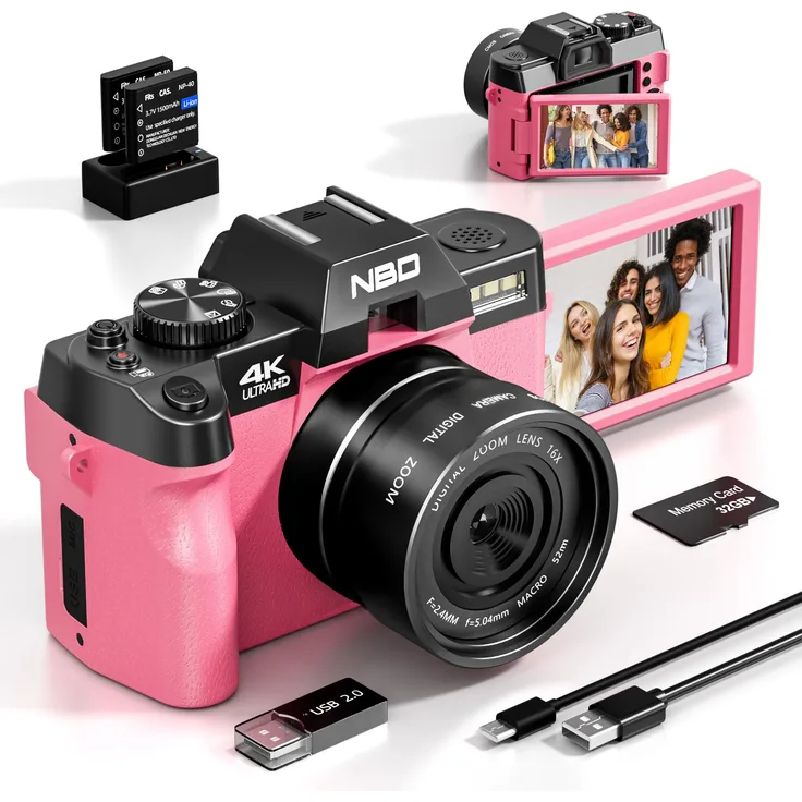 NBD 4K-Video Digitalkamera NBD 48MP Vlog-Kamera mit 3-Zoll-180°-Touchscreen, manuellem Fokus, USB-PC-Modus für Live-Streaming, HDMI-Ausgang, inkl. 32GB TF-Karte und 2 Akkus