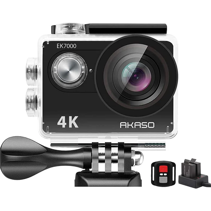 AKASO EK7000, 4K 30fps Action Kamera, 20 MP, 170° Ultra Weitwinkel, WLAN, 2 Zoll LCD, 2,4 GHz Fernbedienung, 2x 1050 mAh Batterien, Unterwasserkamera