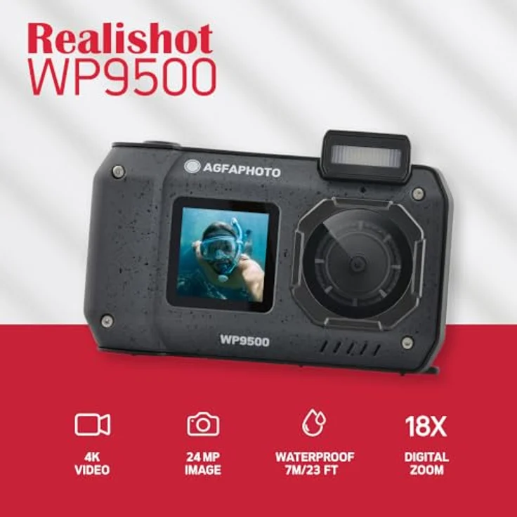 AgfaPhoto Realishot WP9500 - Wasserdichte Digitalkamera, 7m Wasserdicht, 24 MP, 18X Zoom, 4K Video, Doppelbildschirm 2,9”/1,4” - Schwarz – Bild 3