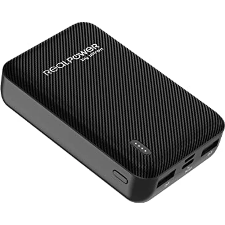RealPower PB-10000 SE Powerbank, 10000mAh externer Akku Ladegerät mit 2 USB Ports, USB C EIN- Ausgang Kompatibel mit iPhone 14 13 12 Pro Max iPad Samsung S21 Xiaomi und mehr – Inkl. USB-C Ladekabel