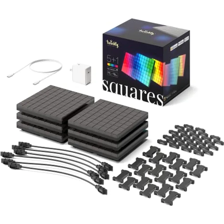 Twinkly Squares Starter Kit - LED-Lichtpaneele, App-gesteuert - 1 Master-Kachel + 5 Erweiterungs-Kacheln - Smart Home Lichtdekoration, Schwarz