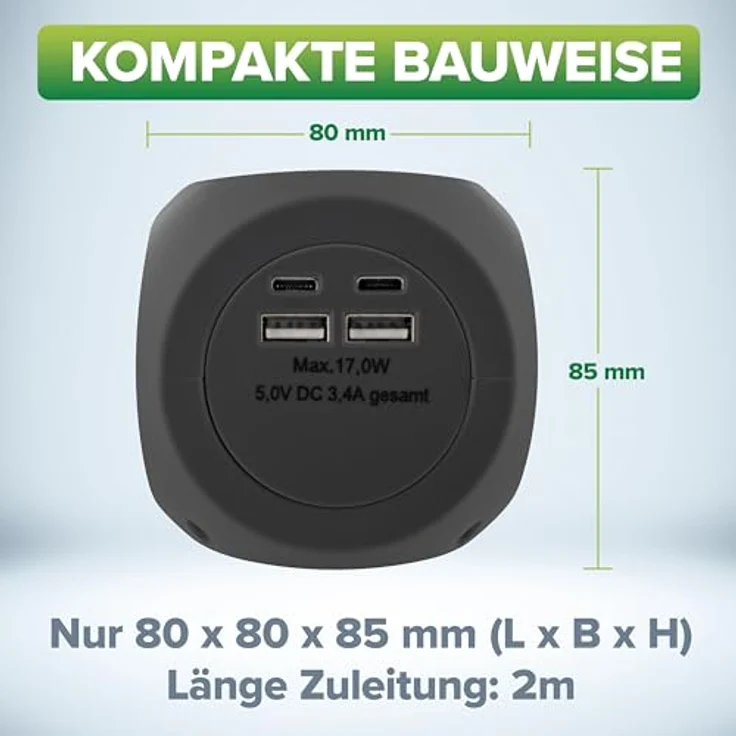 InLine 7-in-1 Steckdosenwürfel mit USB, Charging Cube, 3x Schutzkontakt, 2x USB-C, 2x USB-A, mit Schalter, 2m Kabel, Steckdosenleiste, Mehrfachstecker, Tischsteckdose, 3680W, schwarz – Bild 2