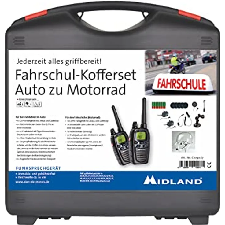 Albrecht Midland G7 Pro Fahrschulkoffer, Funkgerät-Set für Auto und Motorrad mit 10 km Reichweite, inkl. Headset und Helm-Ohrhörer