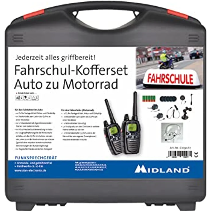 Albrecht Midland G7 Pro Fahrschulkoffer, Funkgerät-Set für Auto und Motorrad mit 10 km Reichweite, inkl. Headset und Helm-Ohrhörer – Bild 1
