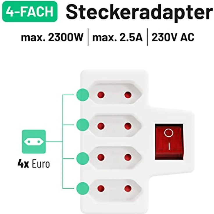 greate. 3x 4er Steckdosenadapter mit Schalter max. 2300W - Mehrfachsteckdose 3-fach, Erhöhter Berührungsschutz, weiß – Bild 3